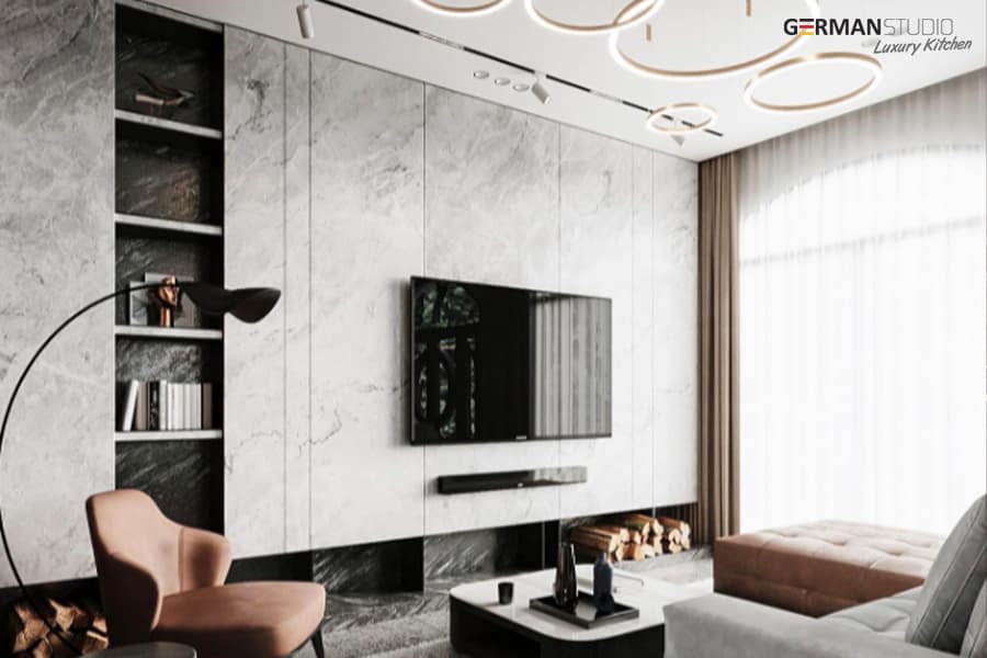 qonaq otağı - TV stend - TV altı - germanstudio.az divar üzləmə ilə tv stend modeli