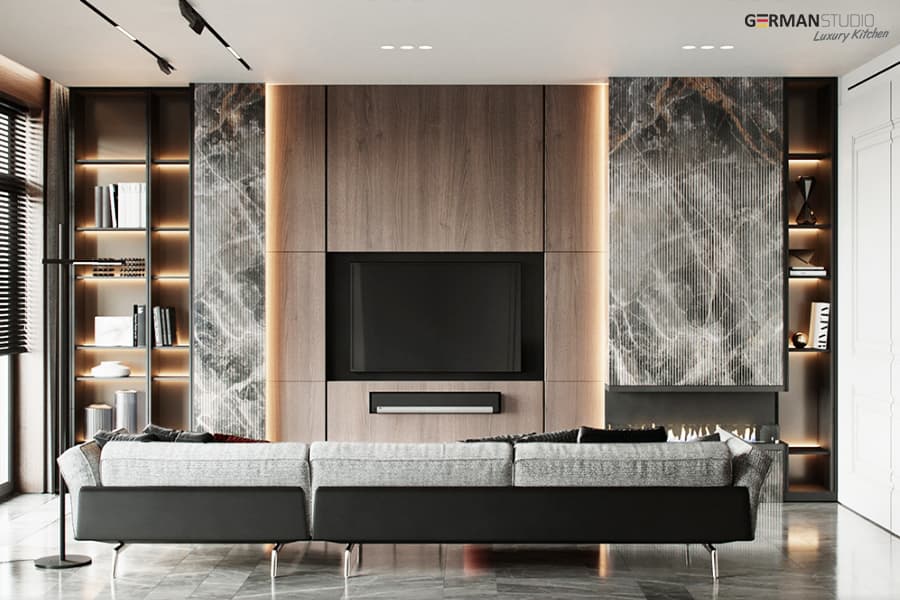 modern işıqlı tv stend modeli divan kamin