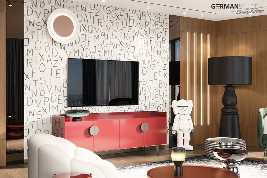 qonaq otağında qırmızı tv stend modeli