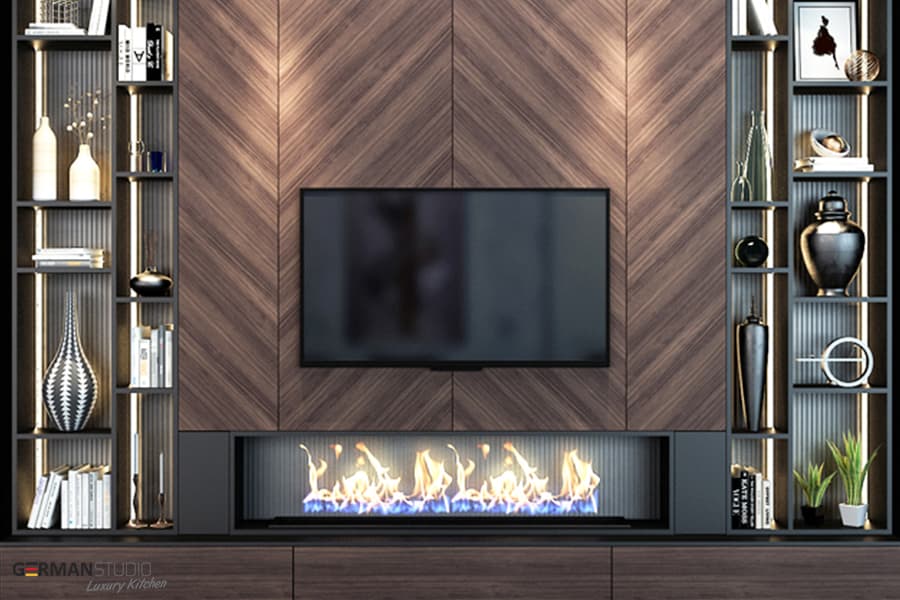 divar &uuml;zləməsi ilə tv stend modeli qonaq otağında